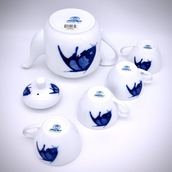 Misty Rose Vintage Koi Teapot Set of 4 Cups Super White China Cobalt Blue Teacup - Picture 11 of 11